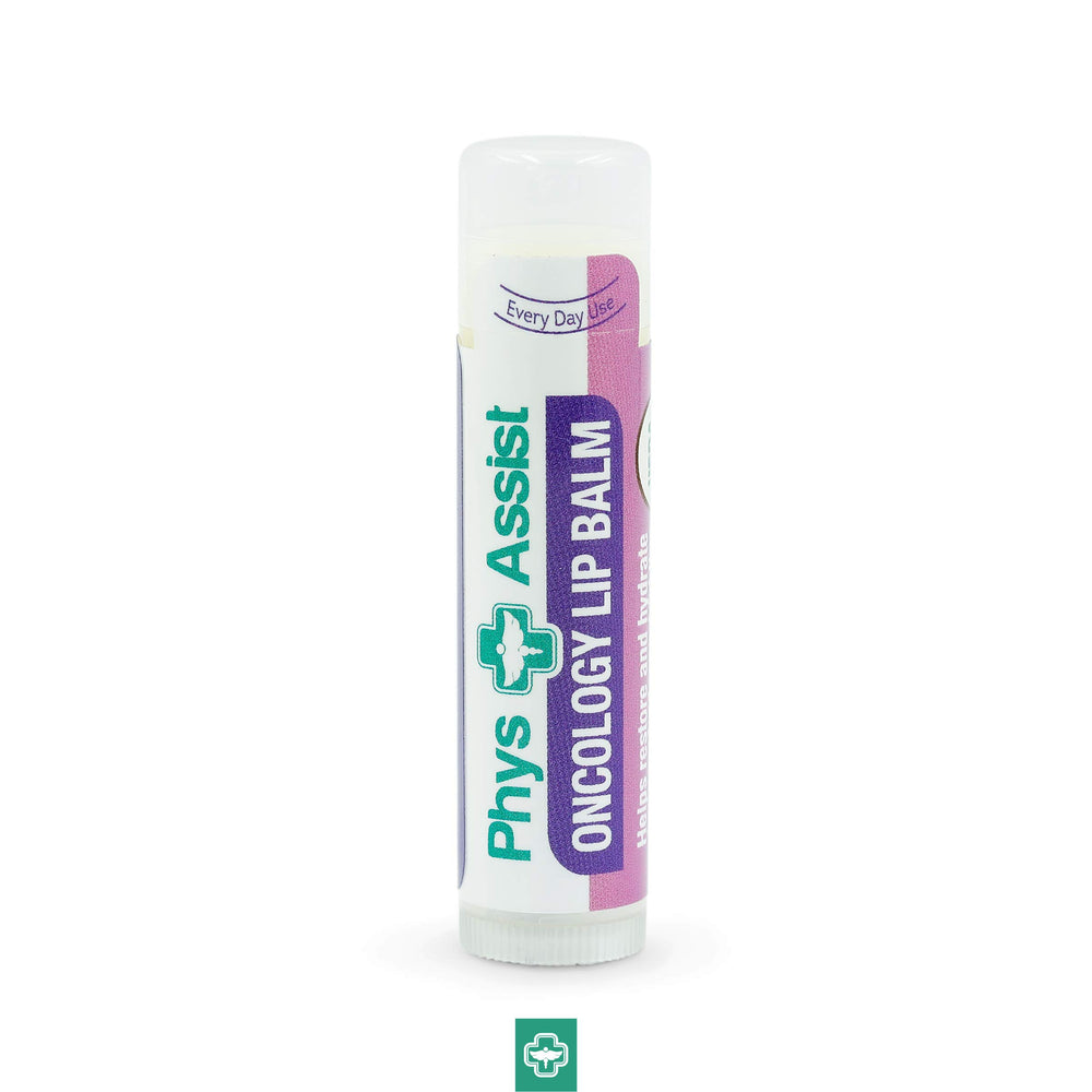 PhysAssist Oncology Lip Balm tube close-up displaying smooth application texture.