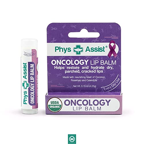 PhysAssist Oncology Lip Balm usage scene suggests pre, during, post-radiation care.