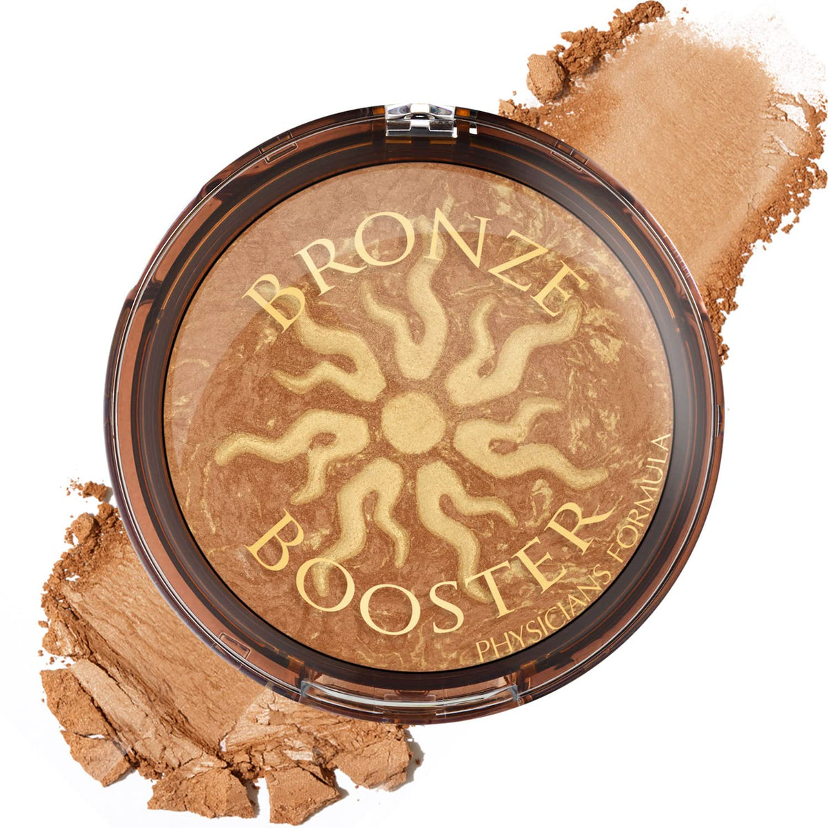Physicians Formula Bronze Booster jar closeup shows luminous bronze glow and vitamin infusion