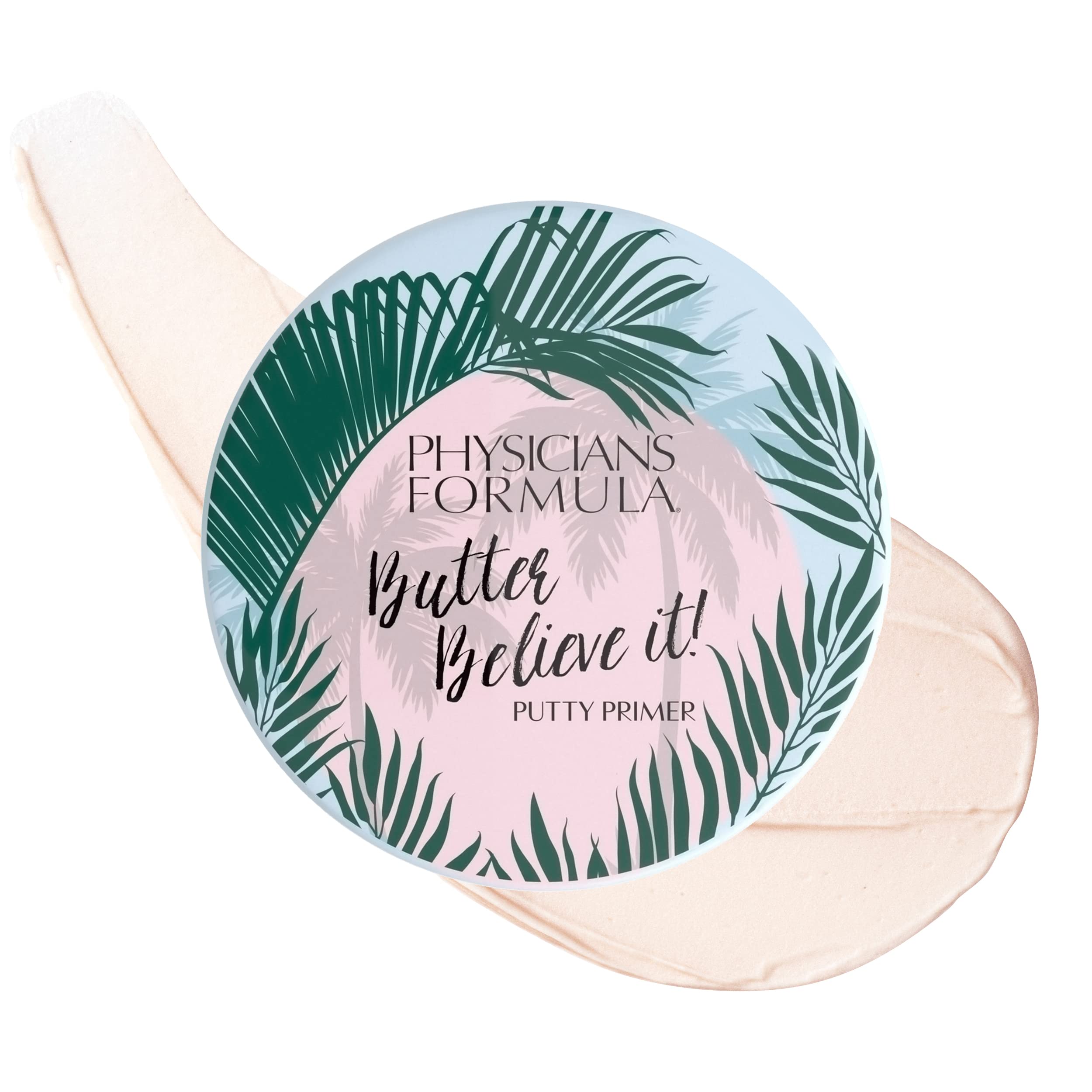 Physicians Formula Butter Believe It Putty Primer bottle closeup, creamy texture for smooth makeup.