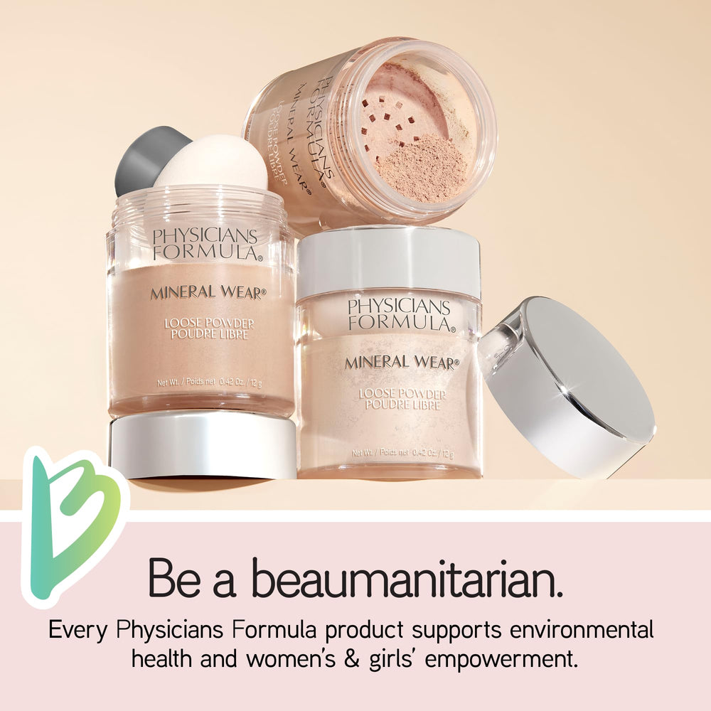 Physicians Formula Mineral Wear Powder label notes dermatologist-tested, skin-friendly formula.