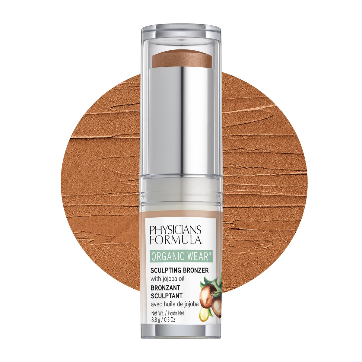 Physicians Formula Organic Wear bronzer stick Toffee swatch for easy blending.