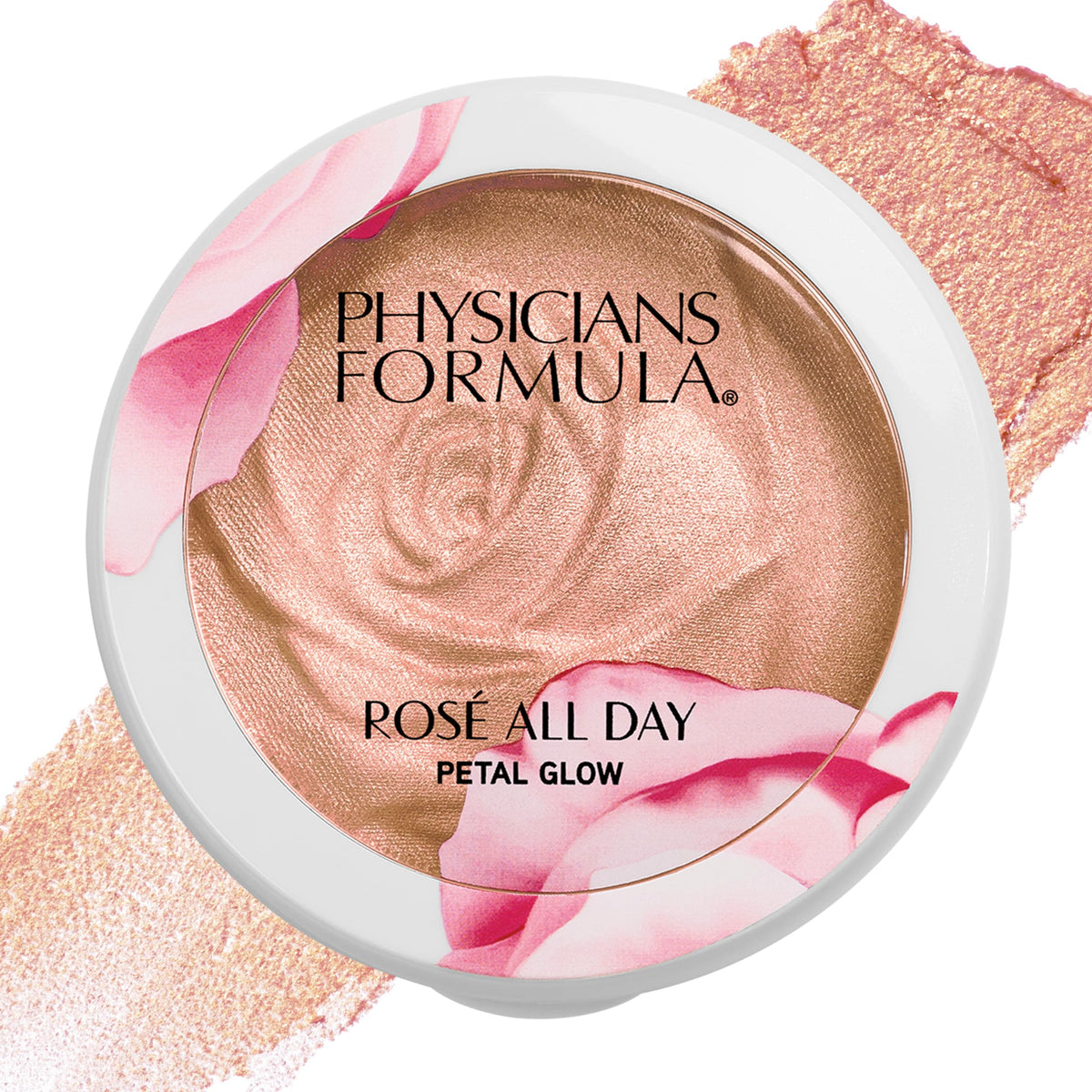 Physicians Formula Rosé All Day Highlighter compact in Petal Glow delivering radiant cheek glow