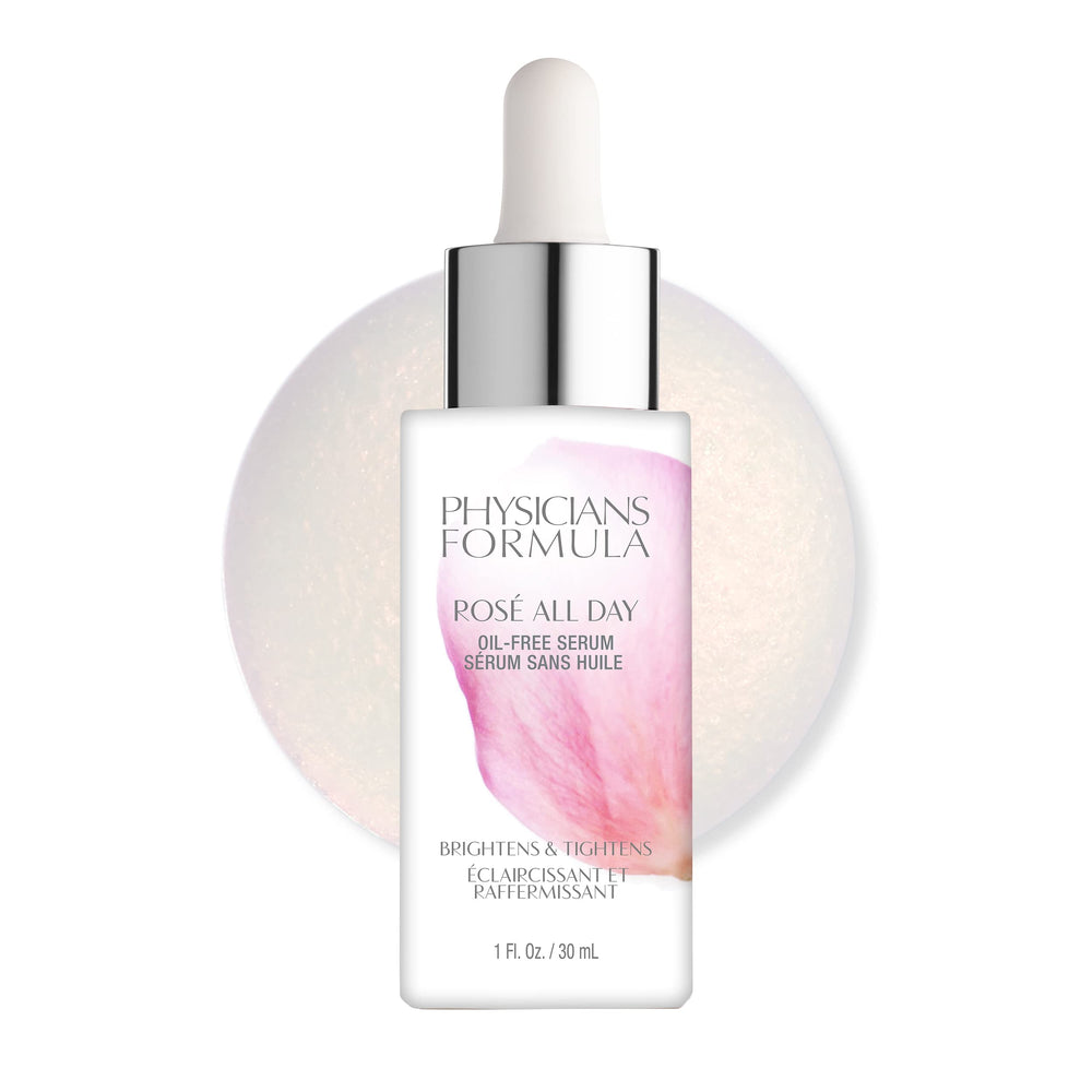 Physicians Formula Rosé All Day serum bottle closeup highlighting oil-free hydration