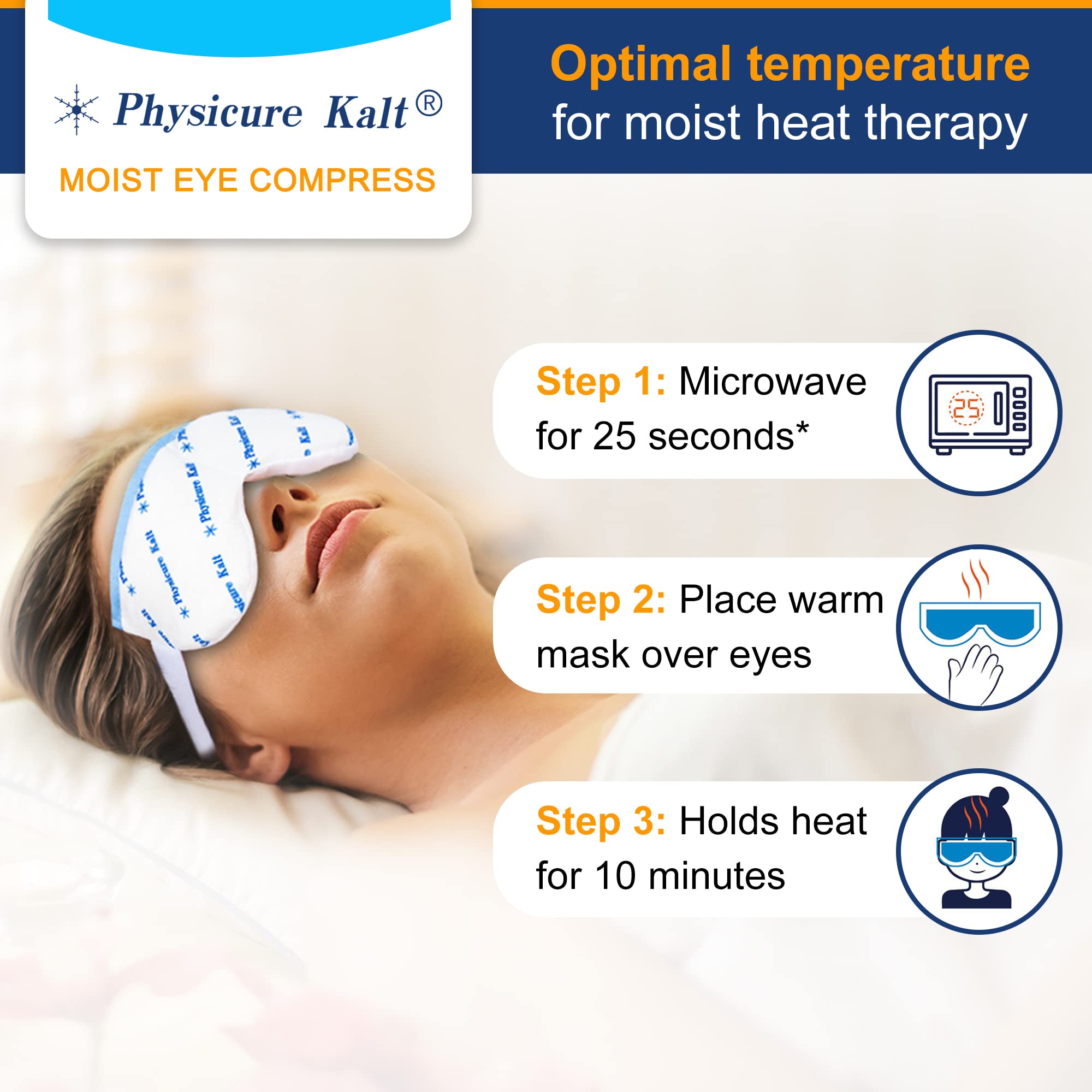 Physicure Kalt eye mask placed over eyes for relaxing home spa session.