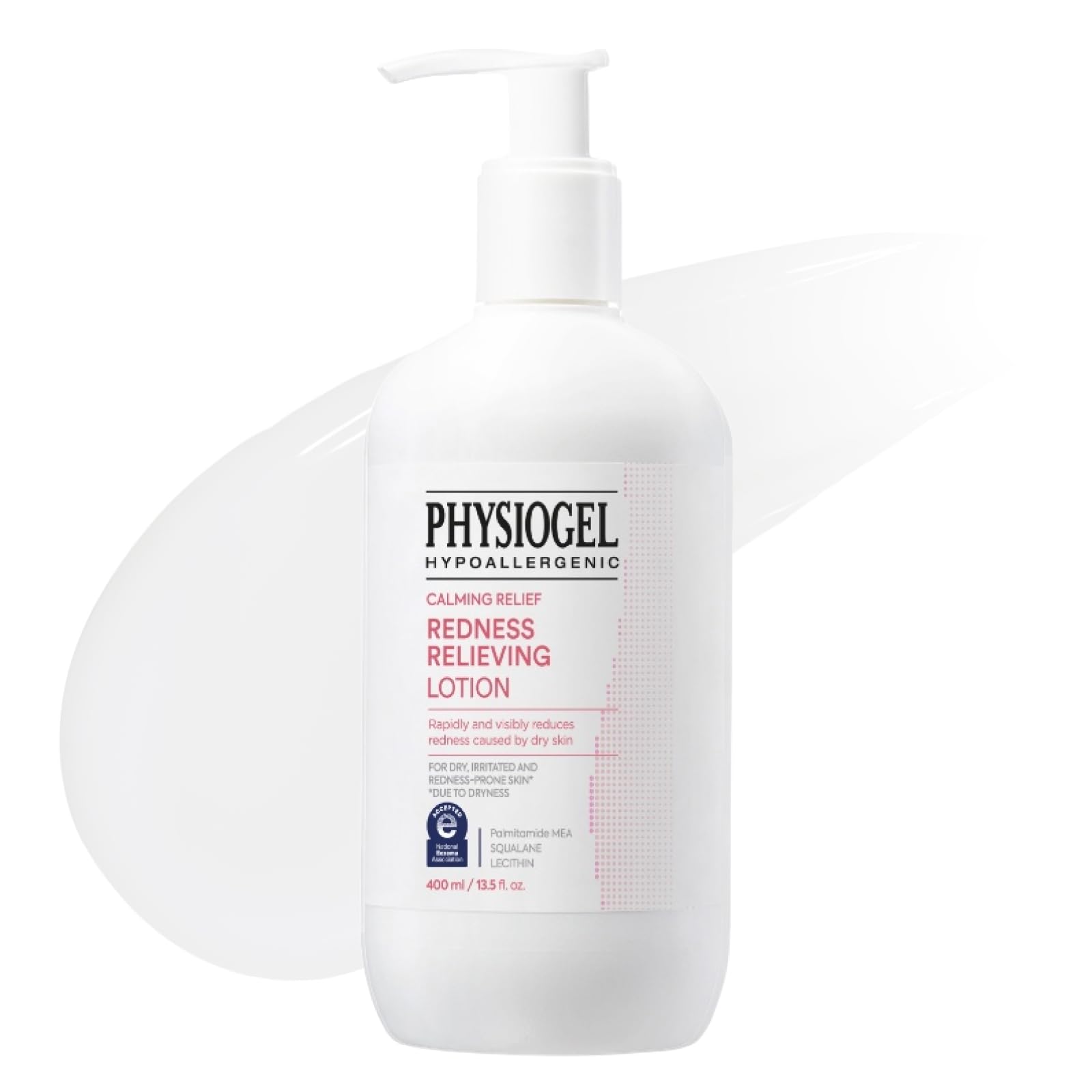 Physiogel Calming Relief Lotion bottle shows fragrance-free dermatologist-tested hydration for sensitive skin.