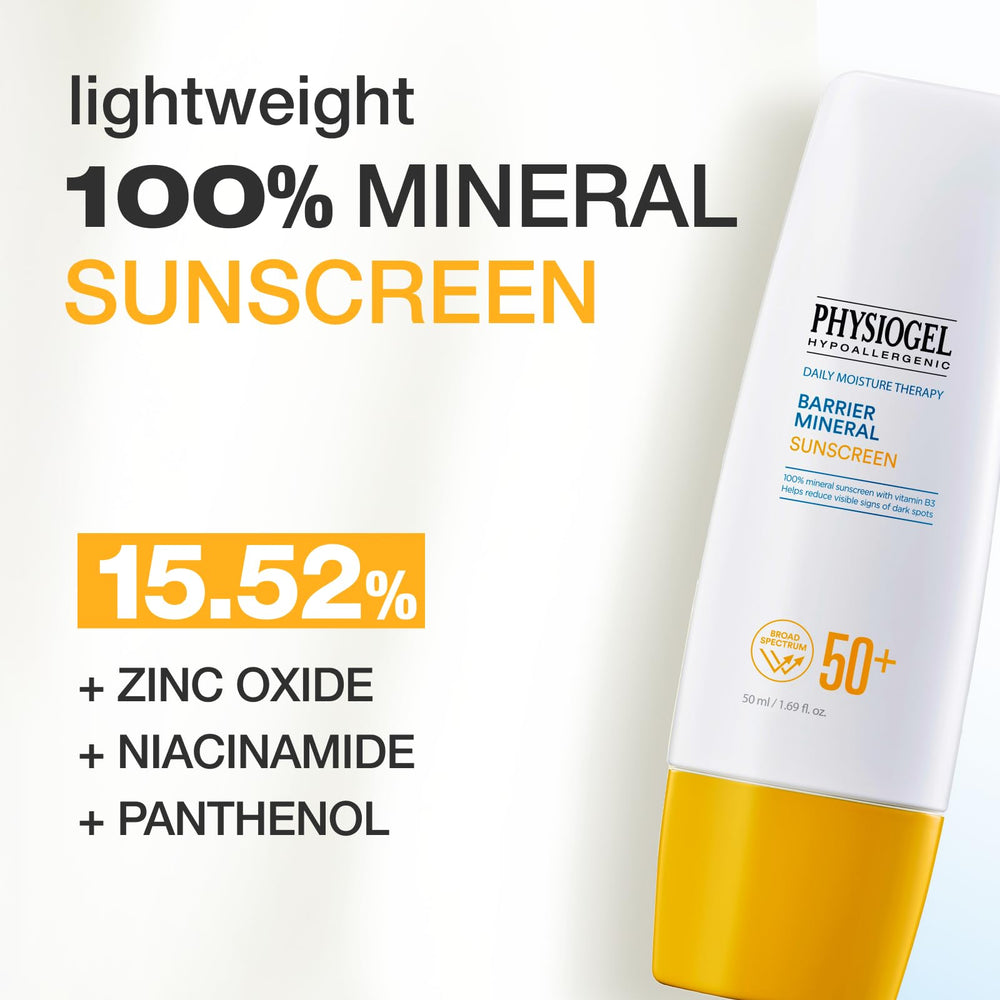 Physiogel mineral sunscreen with vitamin B3 texture emphasizes barrier-supporting care.