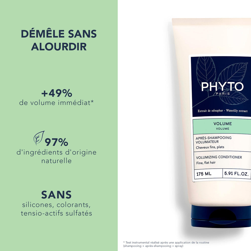 PHYTO VOLUME conditioner application close-up highlighting detangling and gentle hydration