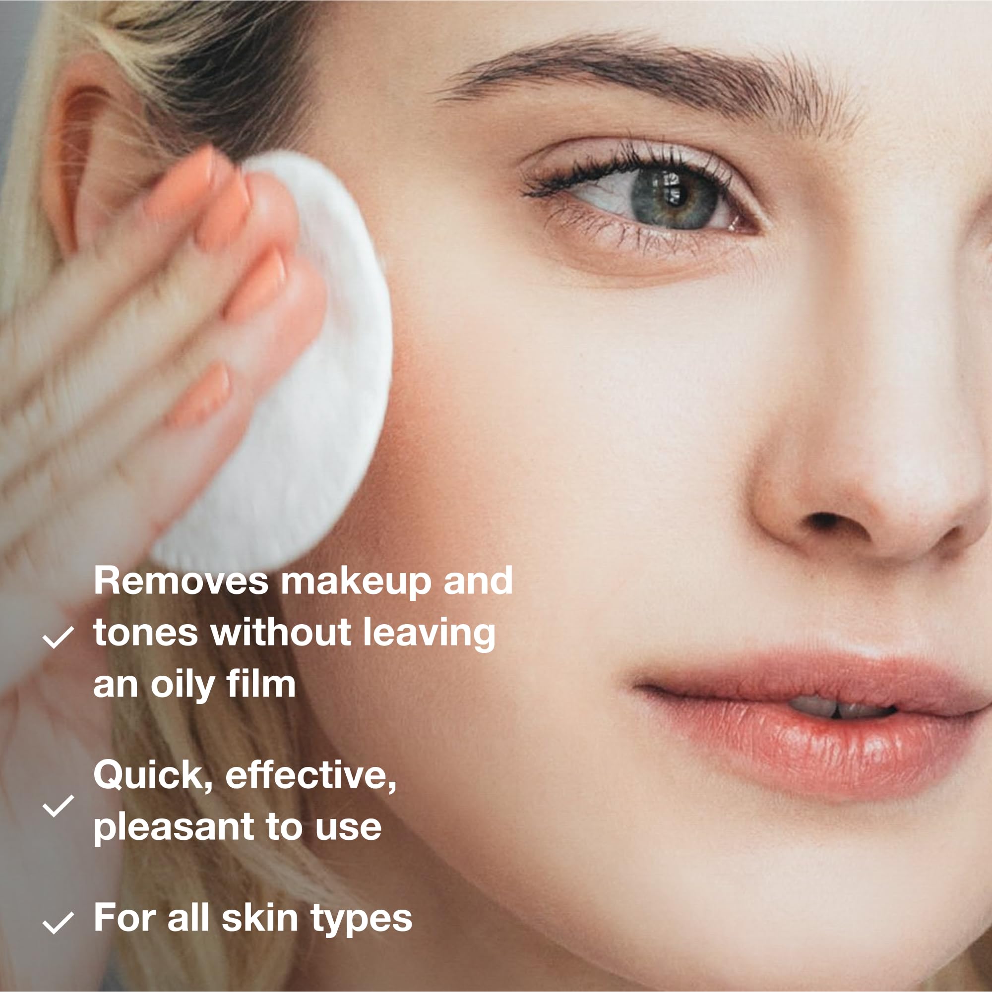 Phytomer Rosee Visage cleansing-lotion cotton pad application shows makeup removal in action.