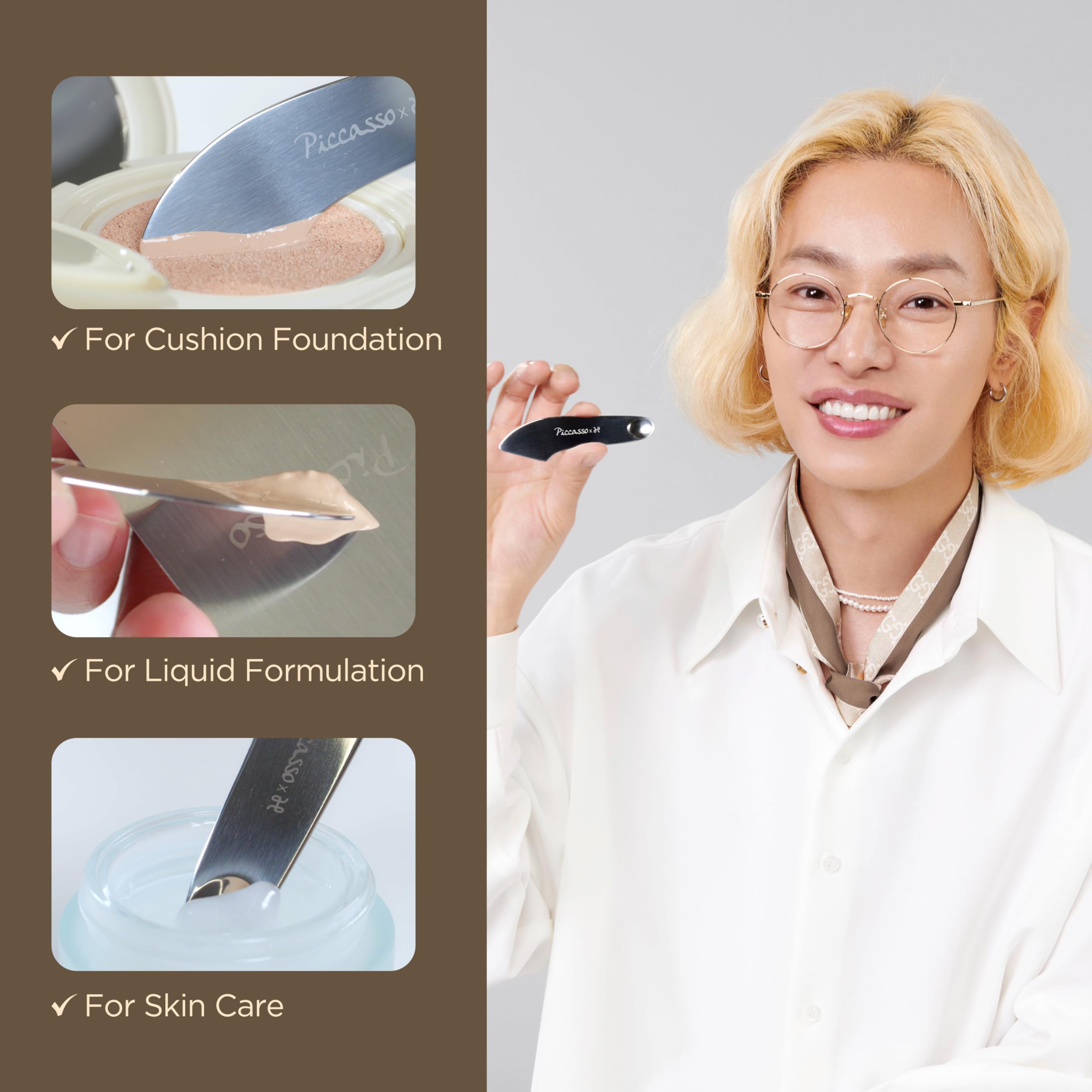 Piccasso 2-Way makeup tool with included leather case for travel.