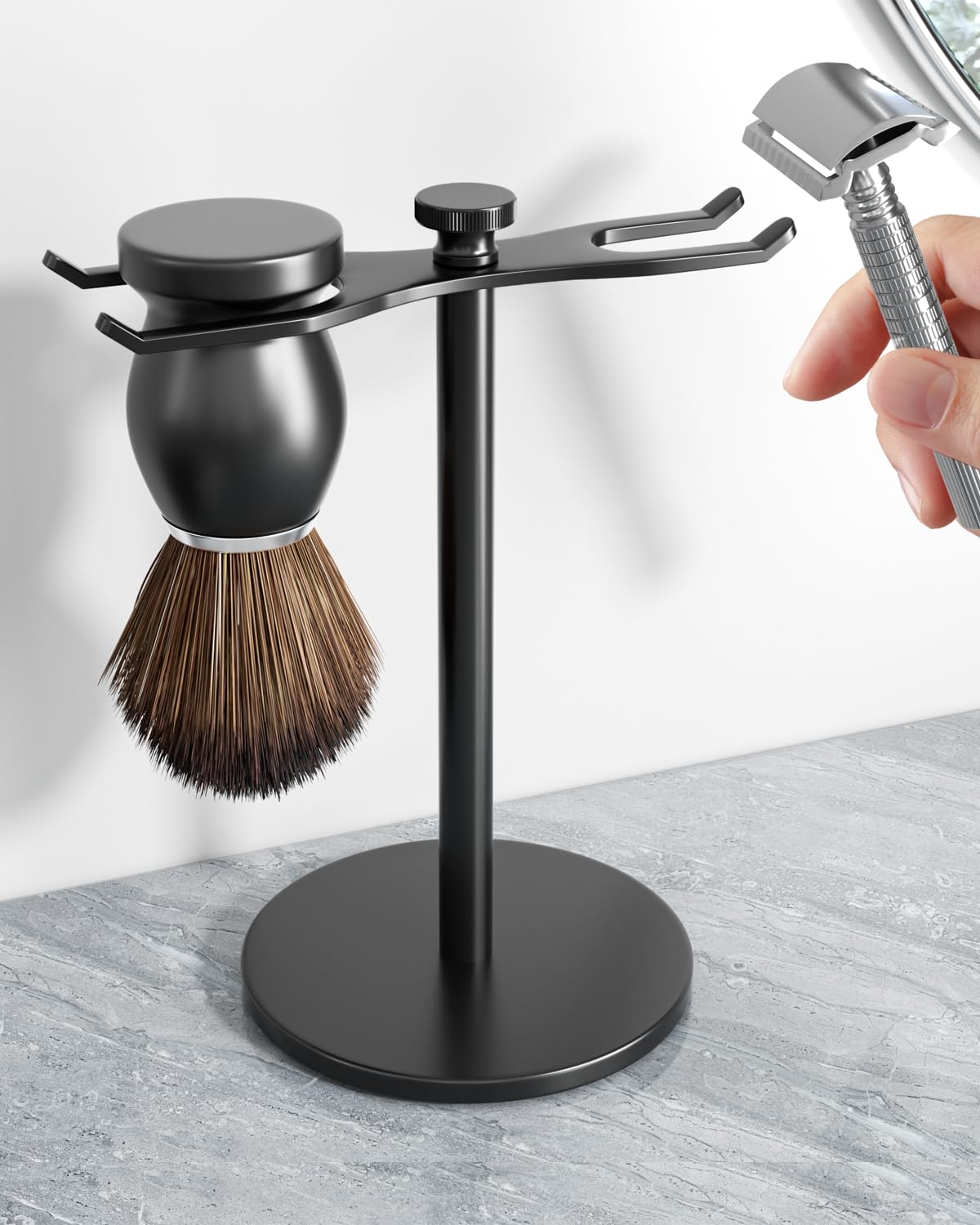 Pickpiff Safety Razor Stand closeup shows durable black metal for organized storage