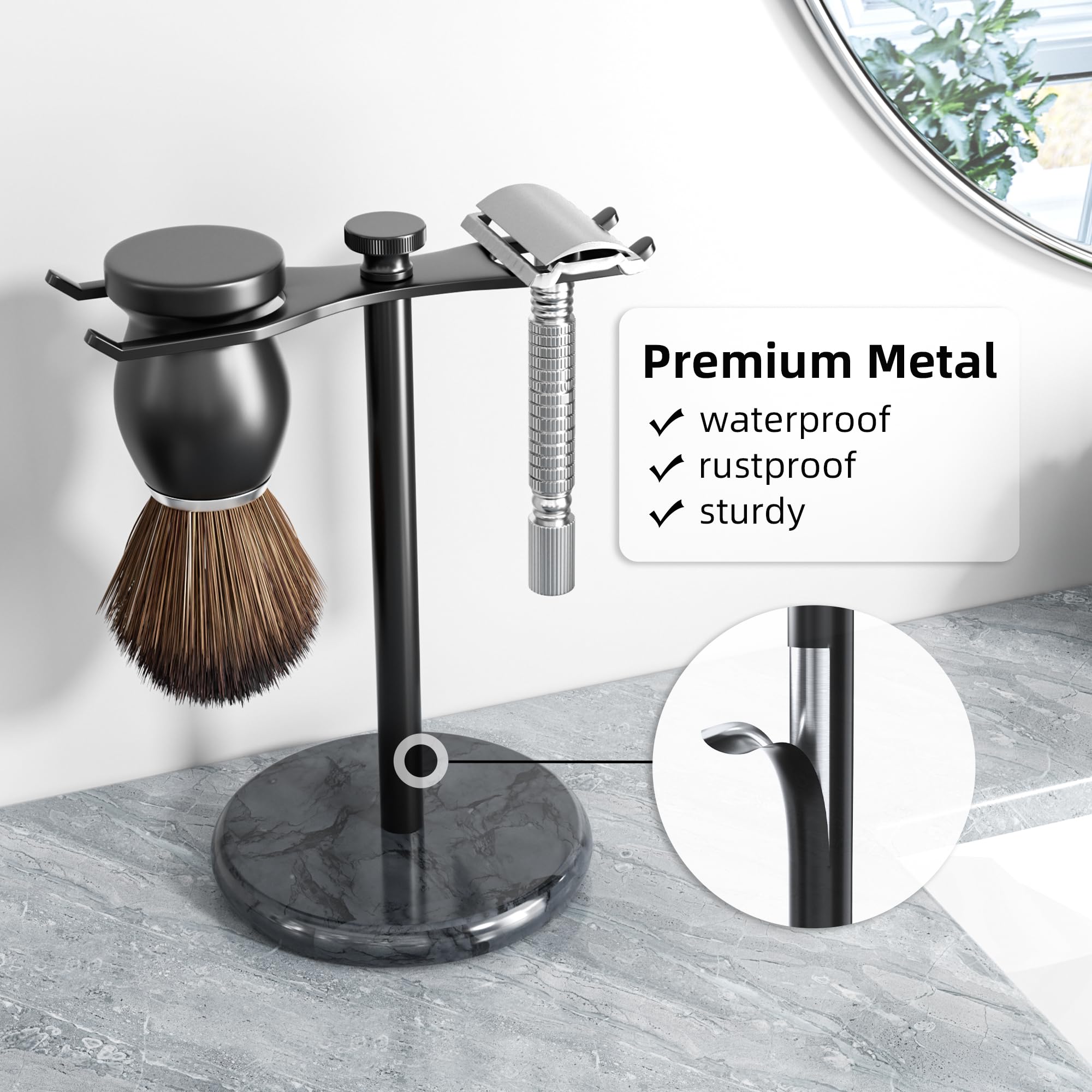 Pickpiff universal-fit stand accommodates most razors and brushes.