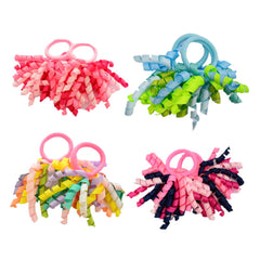 PIDOUDOU curly korker bow hair tie closeup reveals glossy ribbon and gentle grip.