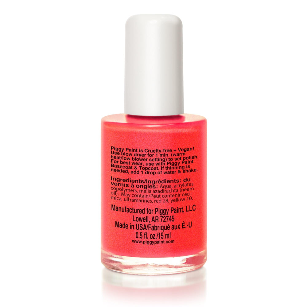 Piggy Paint Drama swatches show bright neon orange shimmer on nails