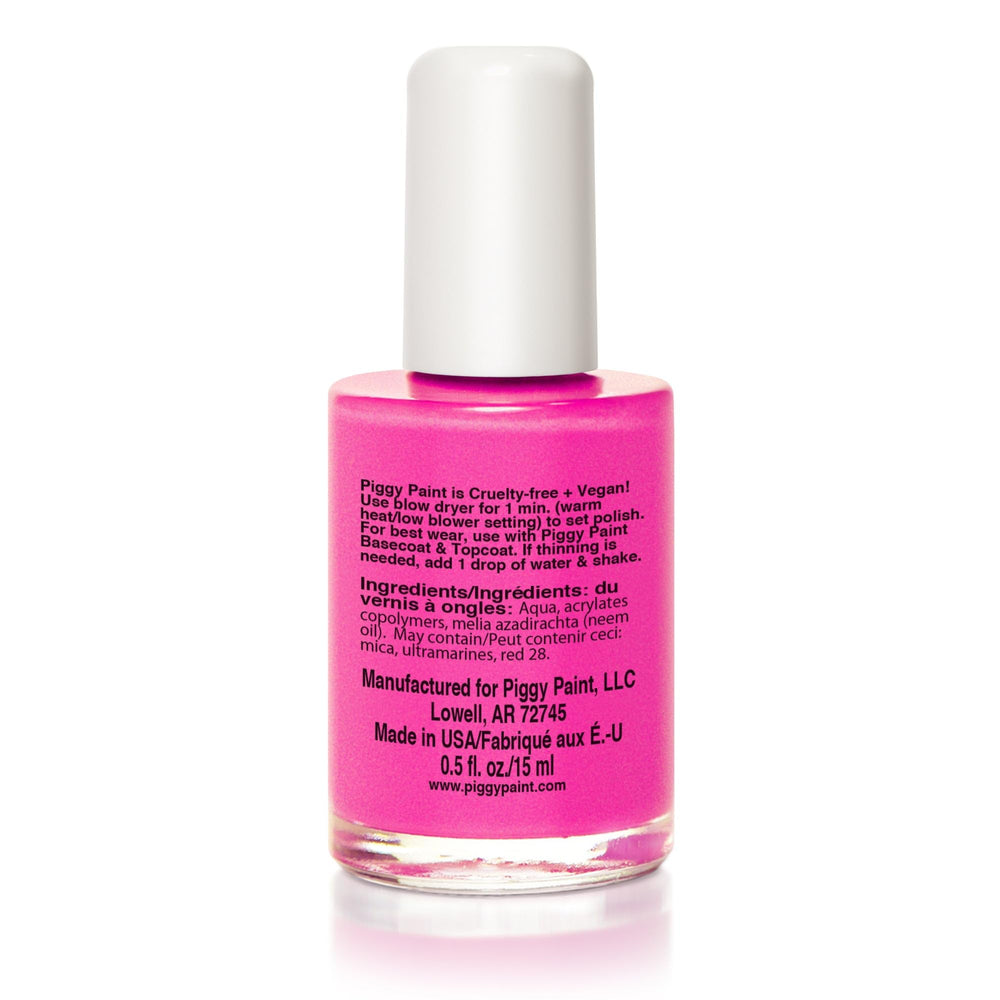 Piggy Paint LOL neon-magenta shimmer nails show vibrant color with safe, odorless finish.