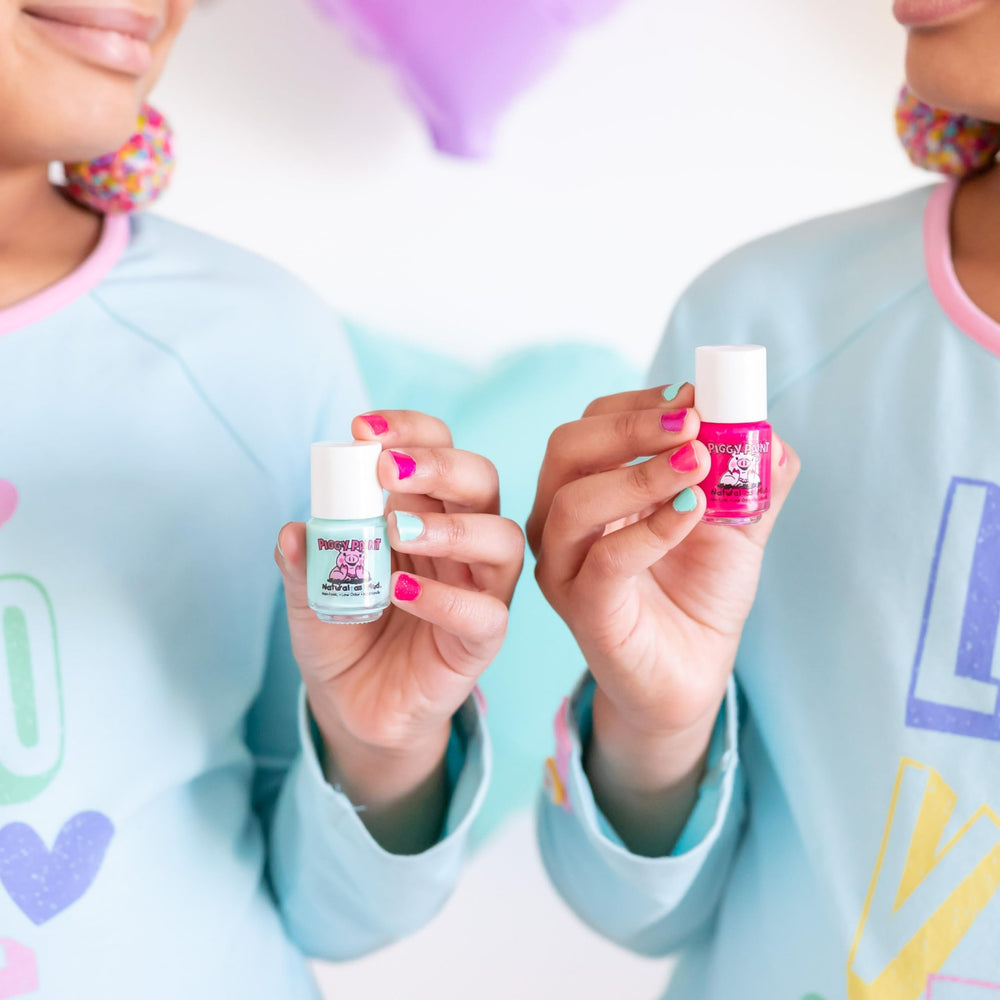 Piggy Paint low-odor polish closeup suggests comfortable, parent-friendly at-home polish