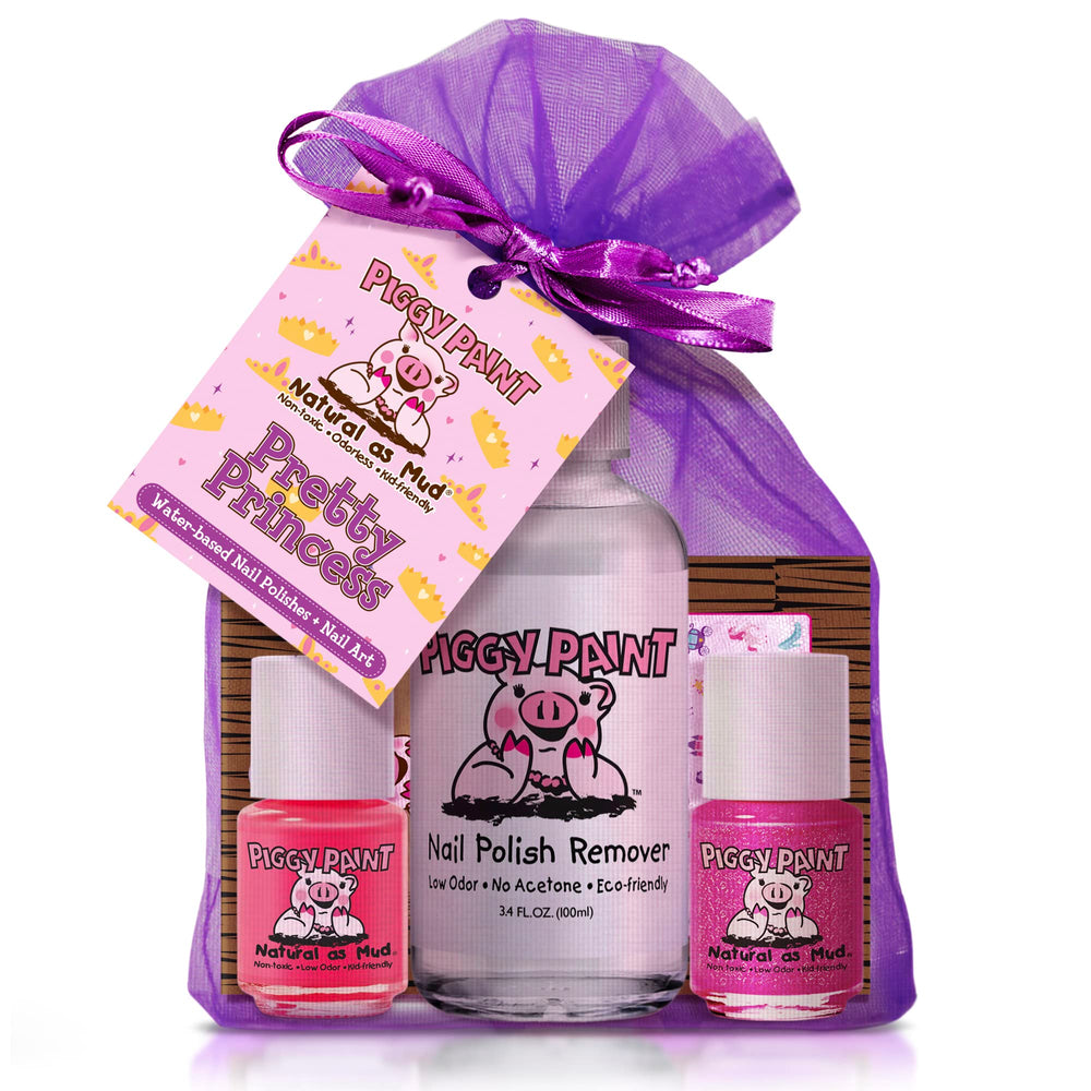 Piggy Paint Pretty Princess polish bottles display two kid-friendly mini shades for easy, mess-free play.