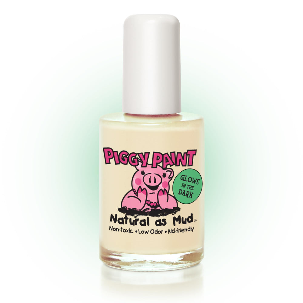 Piggy Paint radioactive bottle close-up, clear glow-in-the-dark polish for creative kids.