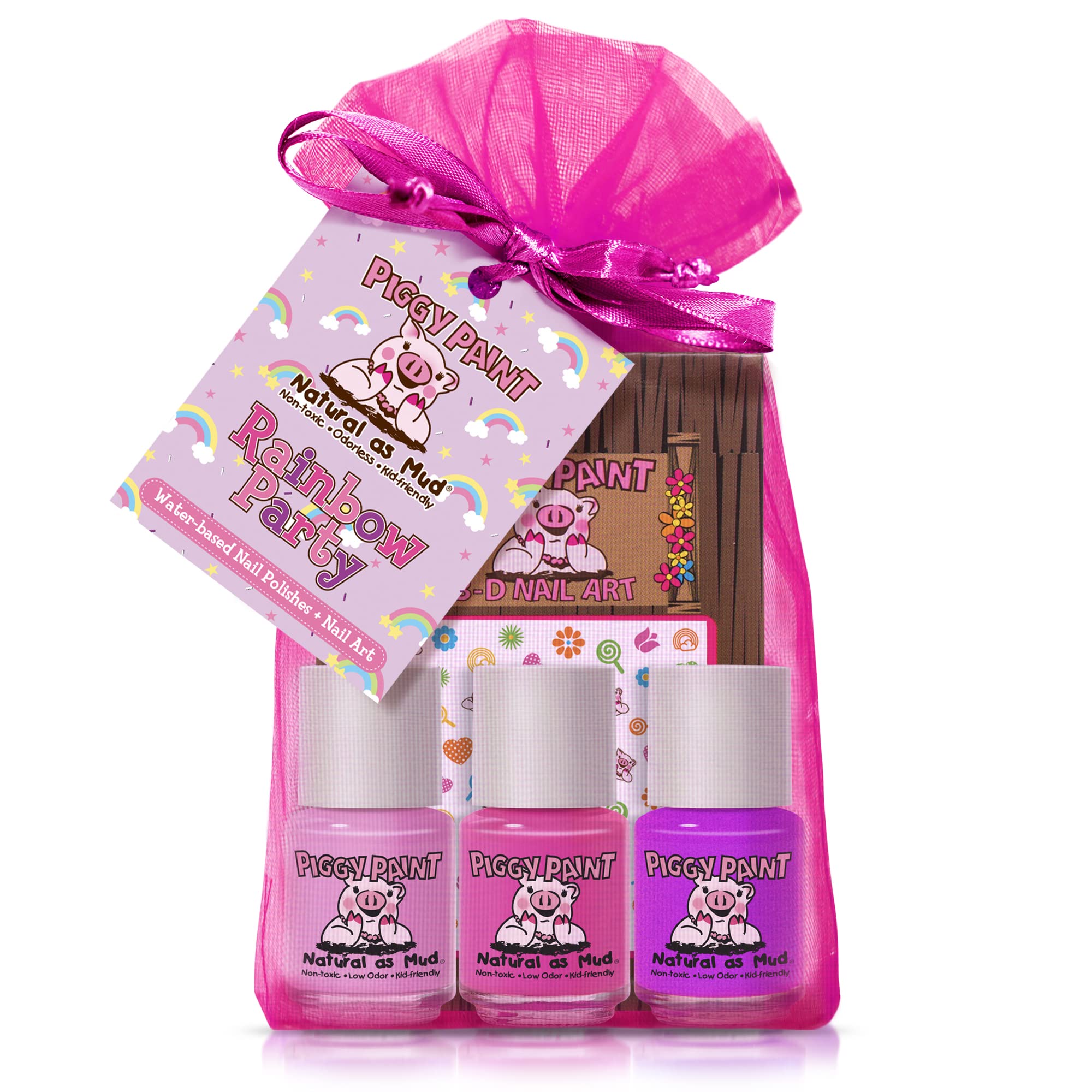Piggy Paint Rainbow Party polishes bottles show vibrant, kid-friendly colors for creative manicures.