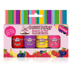 Piggy Paint scented 4-pack bottle close-up shows mini bottles for safe kid nail art.