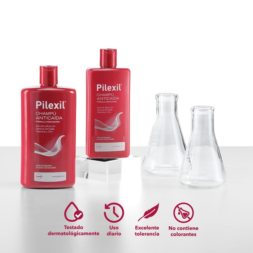Pilexil Shampoo Anticaída label highlights parabens- and silicone-free formula.