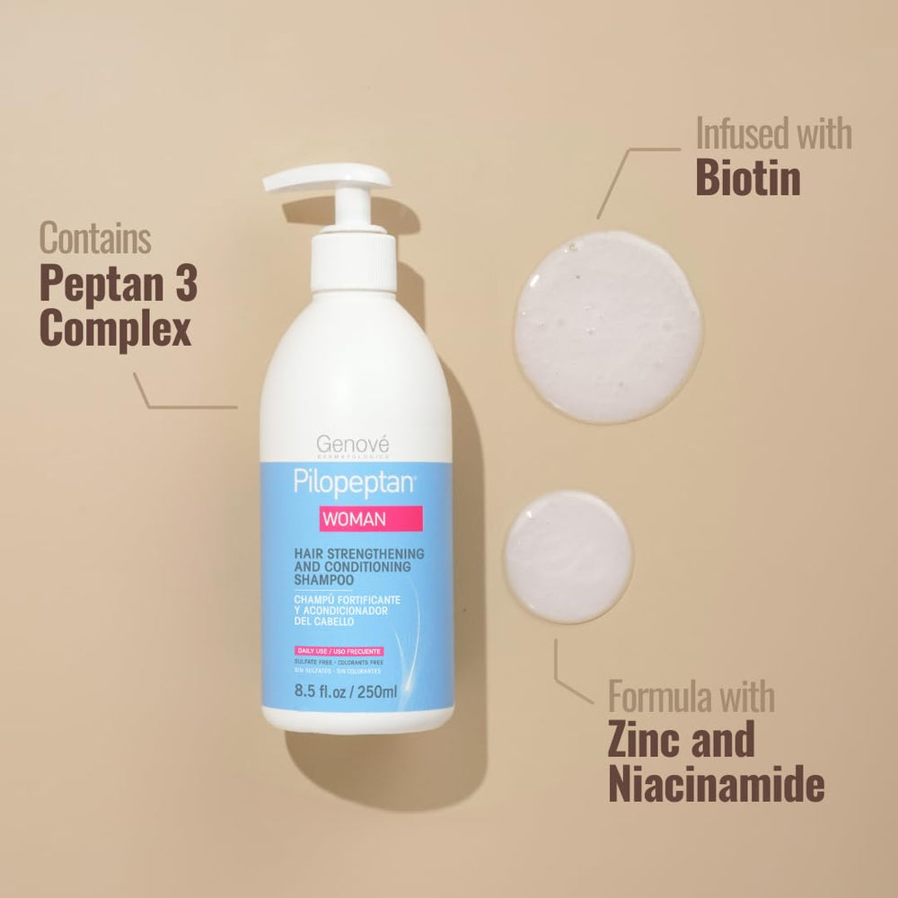 Pilopeptan Woman Shampoo close-up on damaged hair suggesting repair