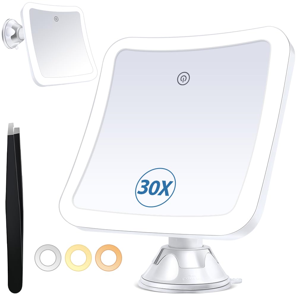 PIMPLEGO magnifying mirror 30x with light for precise makeup application and grooming.