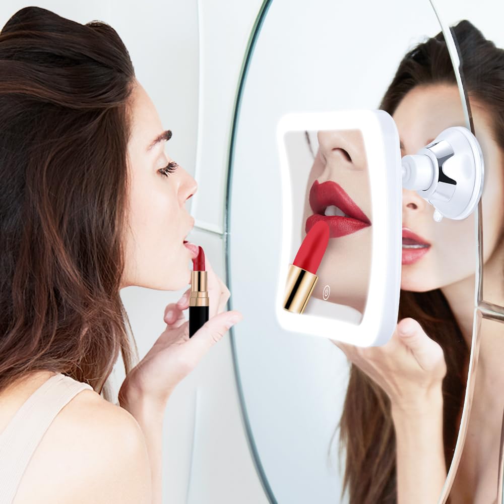 PIMPLEGO suction-cup mirror mounted on smooth surfaces for easy hands-free use.