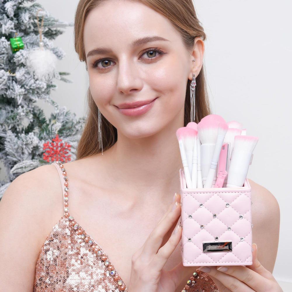 Pink holder for Bueart Design 16pcs set keeps brushes organized and accessible.