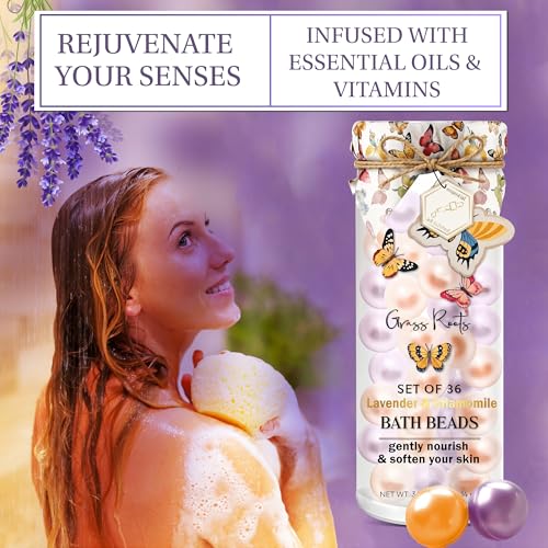 Pink Sky aromatherapy lavender chamomile bath beads create a calming ritual.