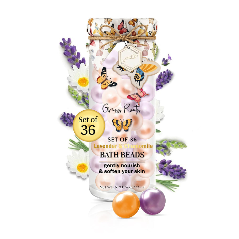 Pink Sky Grass Roots Bath Oil Beads Set 36 with lavender chamomile for a spa-like soak.