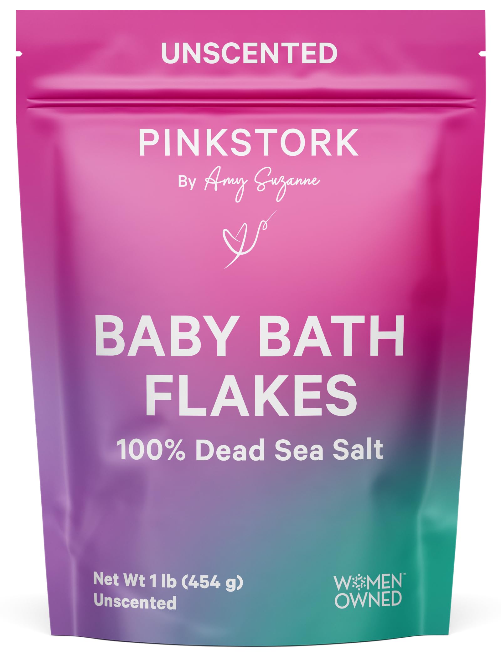 Pink Stork Baby Bath Flakes box front—fragrance free magnesium soak for infants
