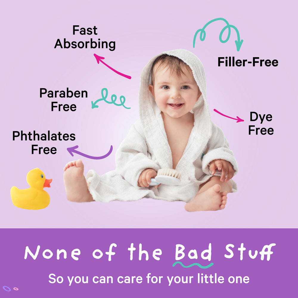 Pink Stork Baby Bath Flakes with toddler in tub for easy bedtime routine