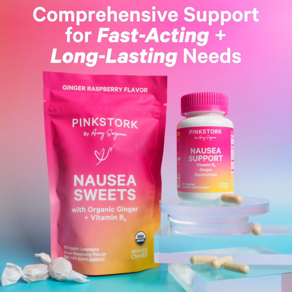 Pink Stork bottle on kitchen counter evokes routine-friendly digestive support.