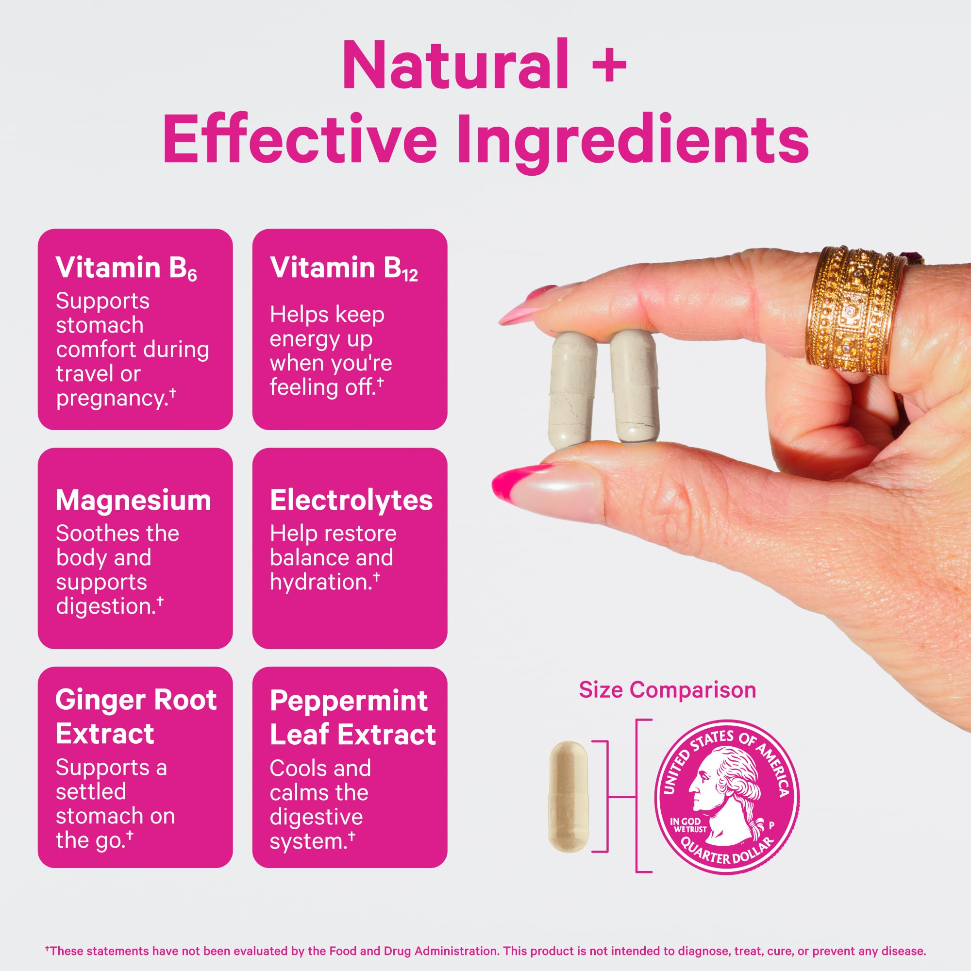 Pink Stork capsules pouring action shot suggesting easy daily use for stomach comfort.