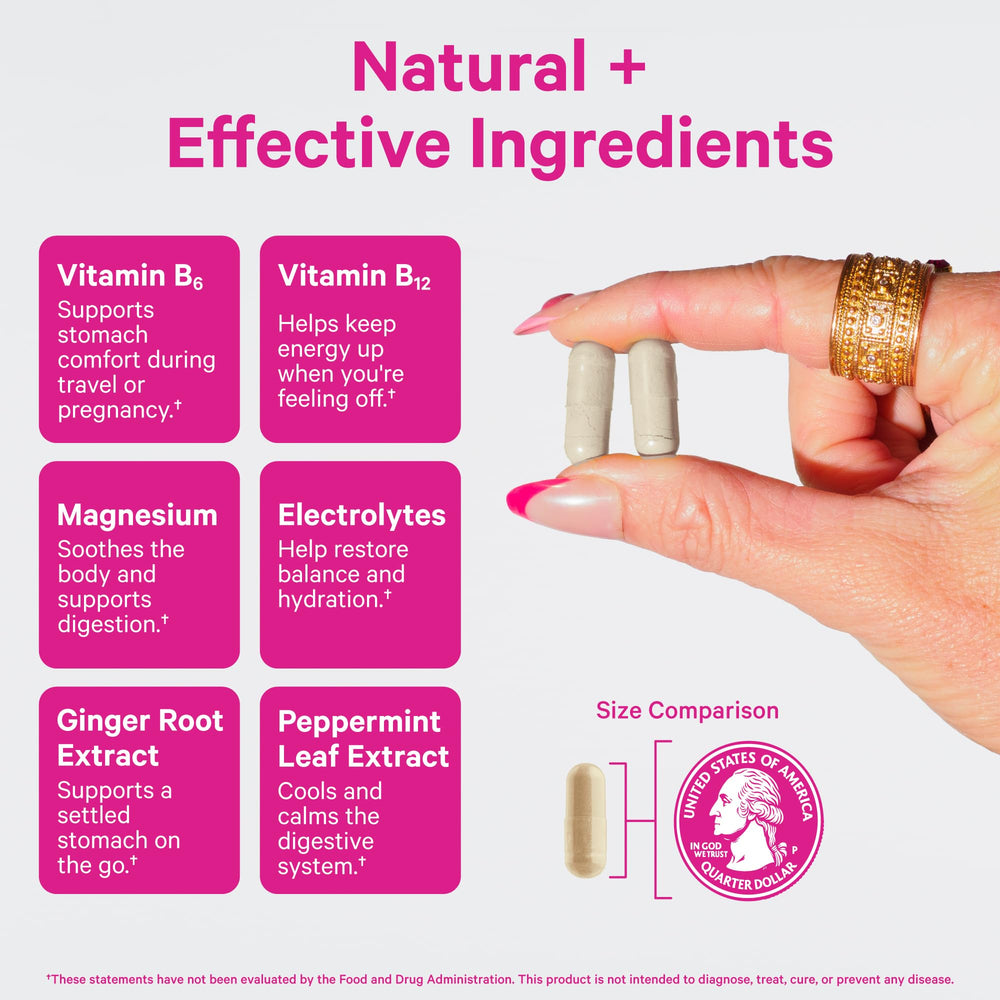 Pink Stork capsules pouring action shot suggesting easy daily use for stomach comfort.