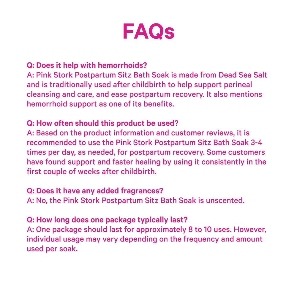 Pink Stork Dead Sea magnesium bath ingredients listed emphasize clean, unscented postpartum care.