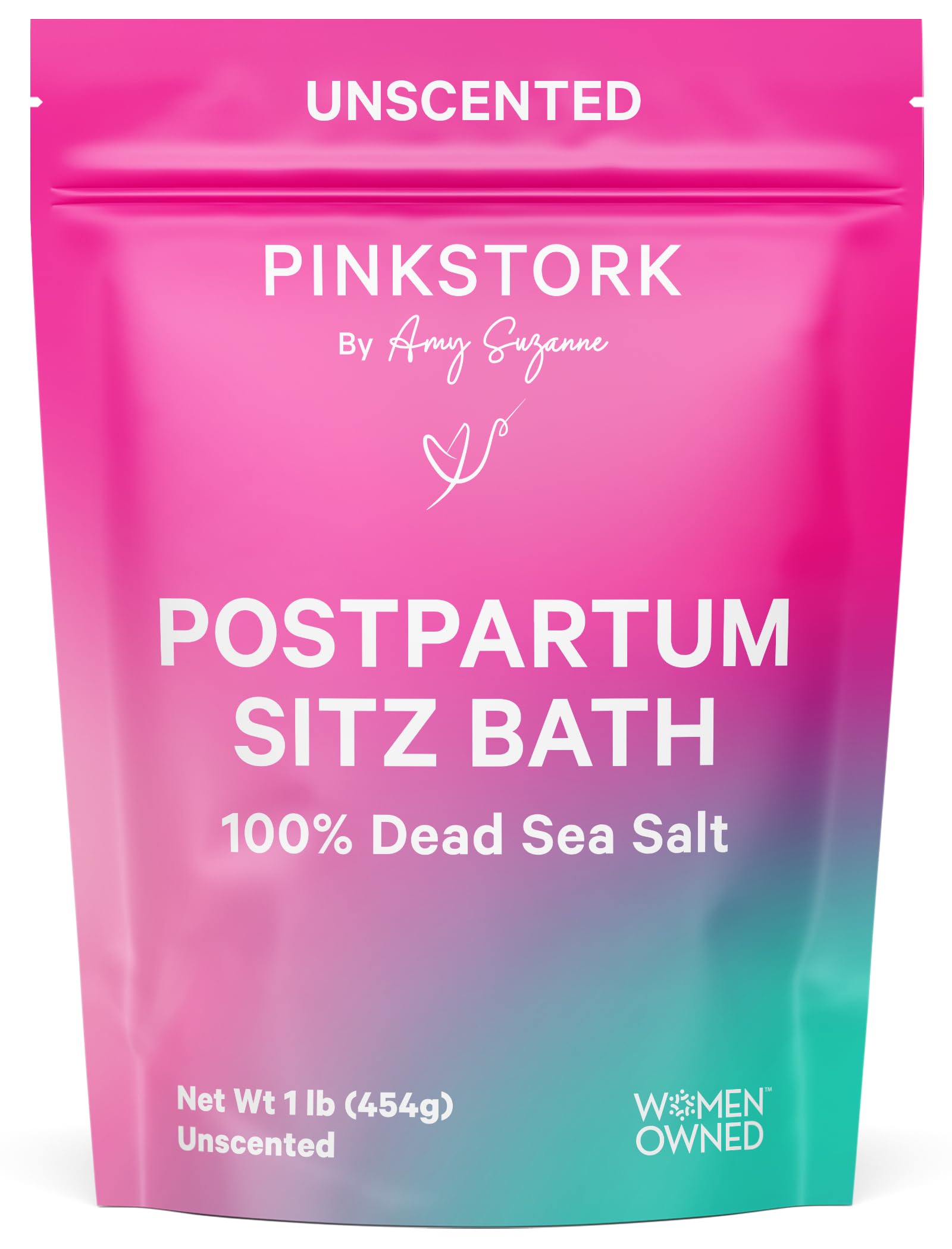 Pink Stork Postpartum Sitz Bath Soak bottle supports gentle perineal care after delivery.