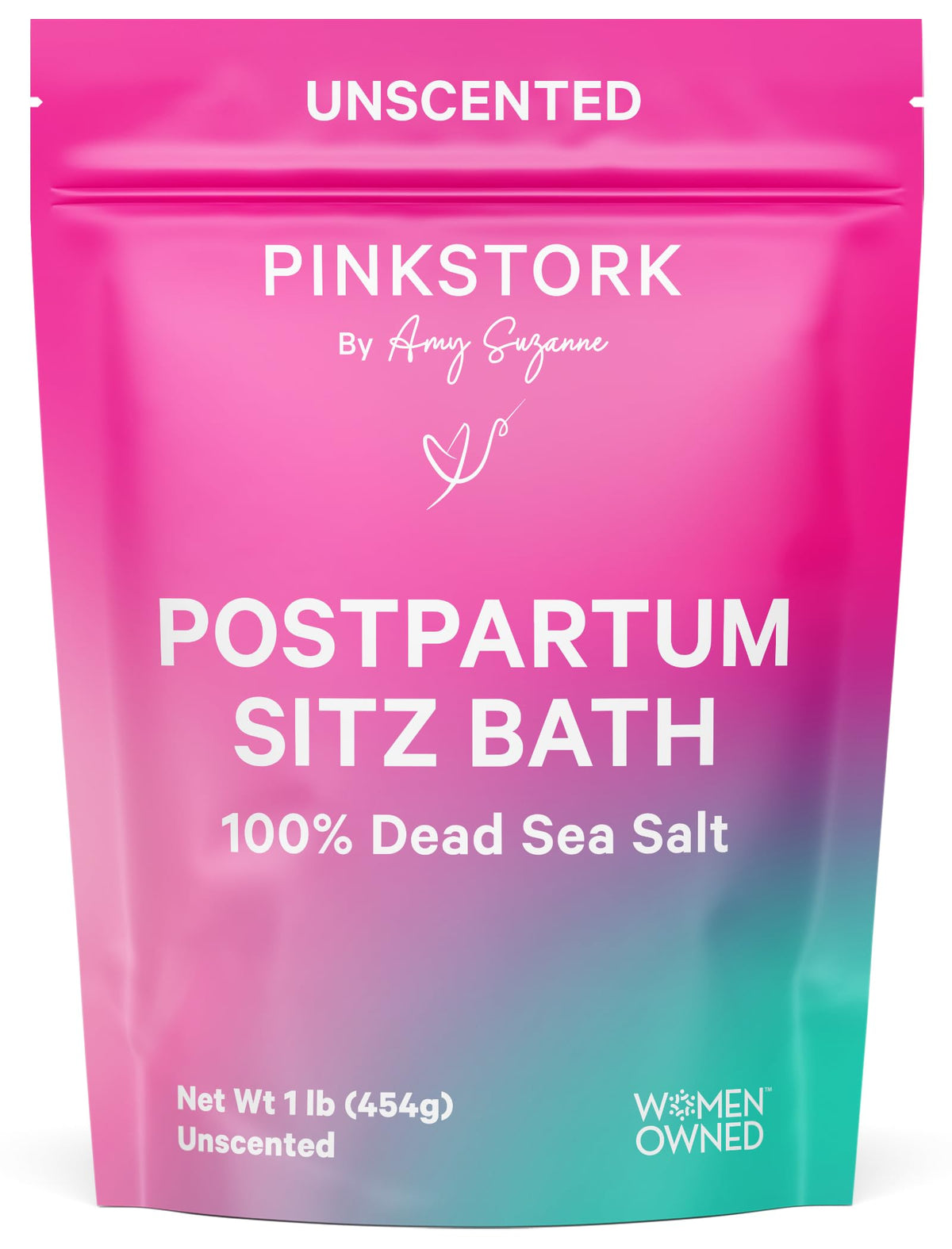 Pink Stork Postpartum Sitz Bath Soak bottle supports gentle perineal care after delivery.