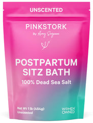 Pink Stork Postpartum Sitz Bath Soak bottle supports gentle perineal care after delivery.