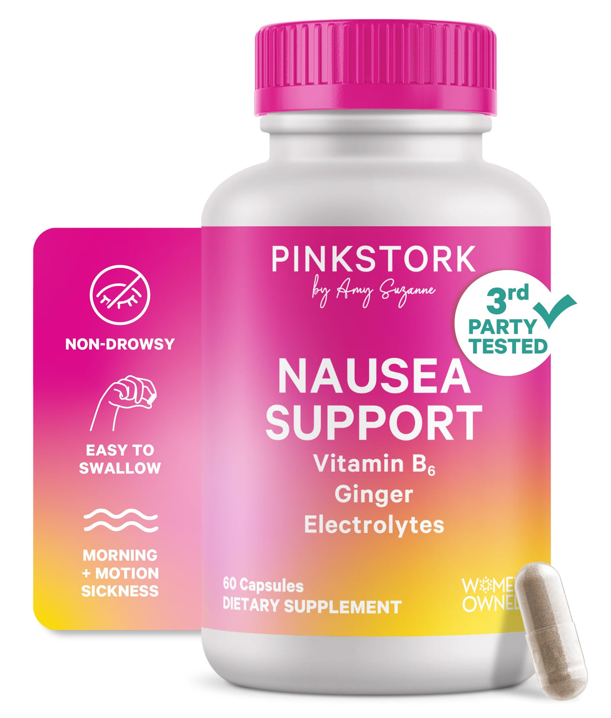 Pink Stork vitamin B6 ginger electrolyte bottle showing portable digestive support on the go.