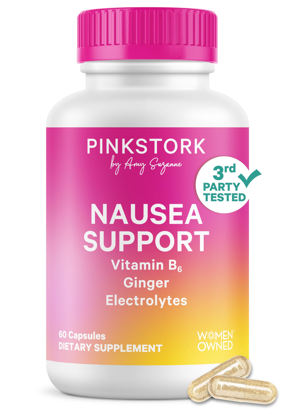 Pink Stork vitamin B6 ginger electrolyte bottle shows gentle digestion support for travel.