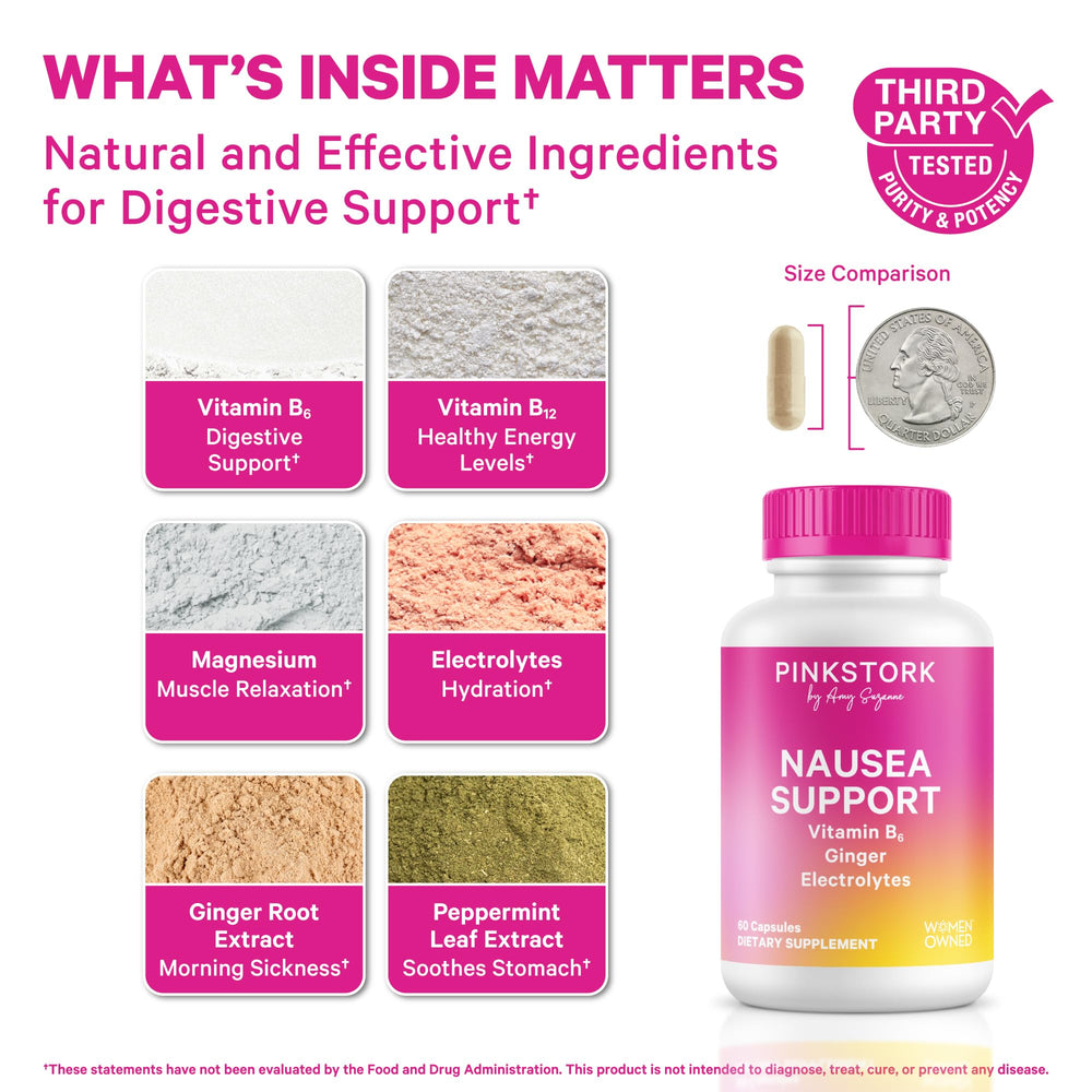 Pink Stork vitamin B6 ginger electrolyte capsules close-up emphasizes easy-to-swallow daily use.