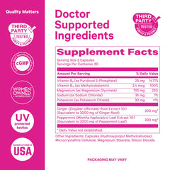 Pink Stork vitamin B6 ginger electrolyte capsules closeup highlighting two-capsule daily use.