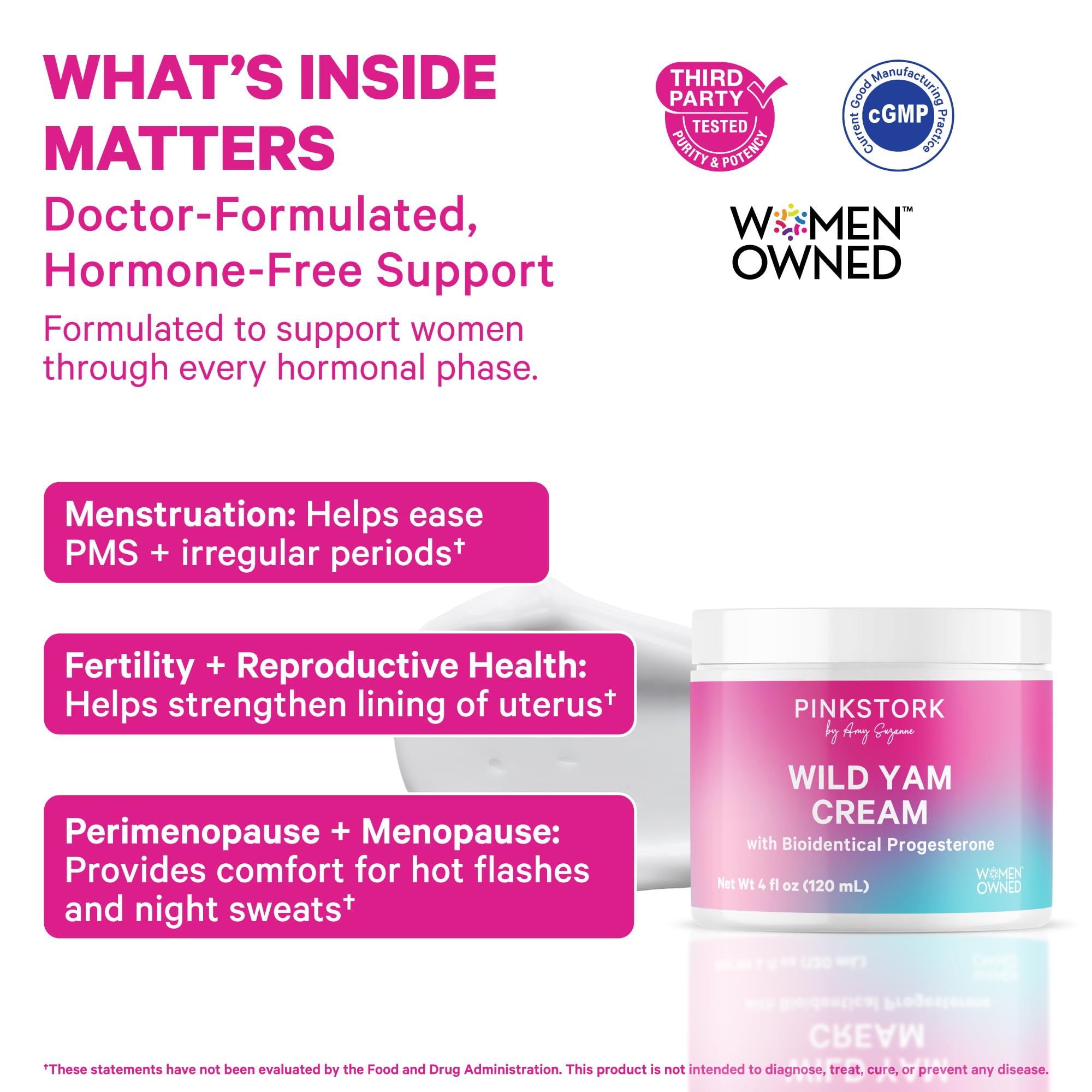 Pink Stork Wild Yam Cream applied to wrists for daily balance.