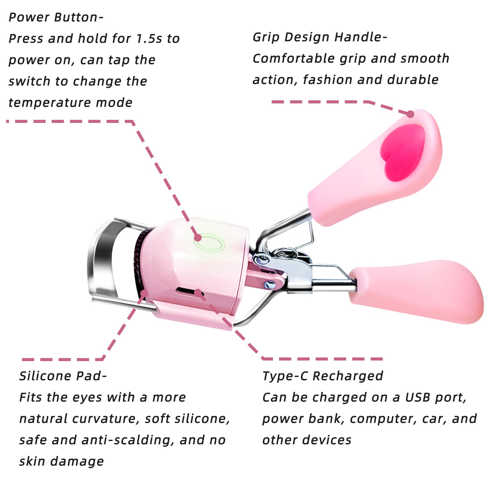Pinkiou heated eyelash curler USB-C charging for quick power-up