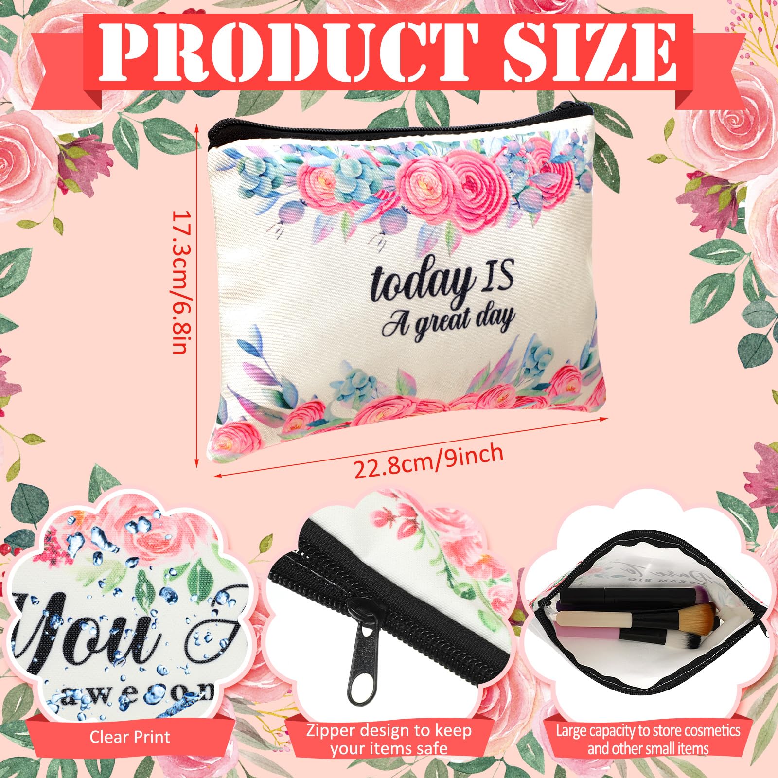 Pinkunn flower canvas makeup bag featuring inspirational words to brighten your routine.