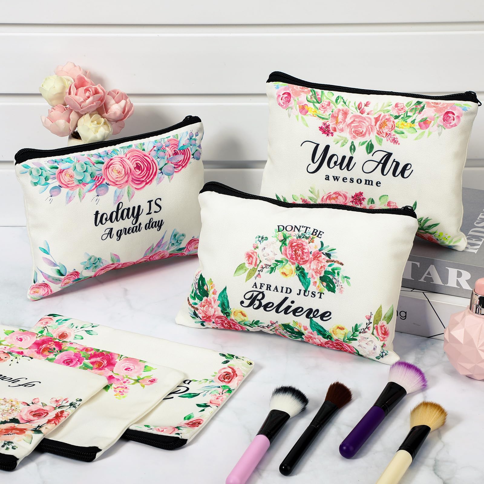 Pinkunn flower canvas makeup bag compact and lightweight for handbags or totes.