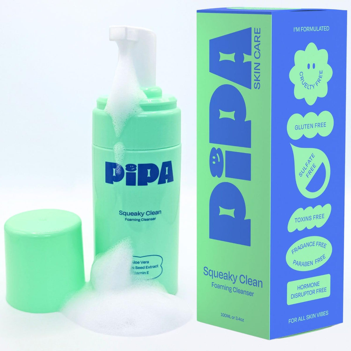 Pipa Skincare Squeaky Clean foaming cleanser bottle front shows gentle daily cleansing for kids without irritation.