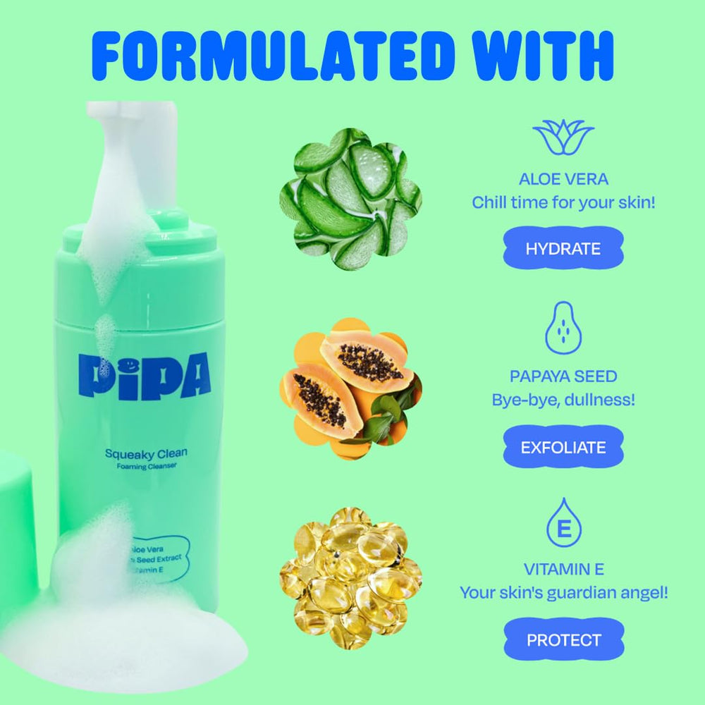 Pipa Skincare Squeaky Clean features papaya seeds for mild exfoliation and brighter look.